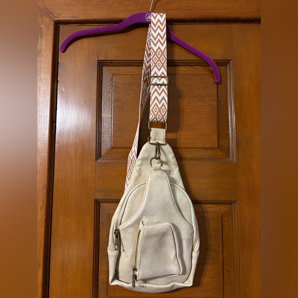 Cream Sling Bag with Patterned Strap